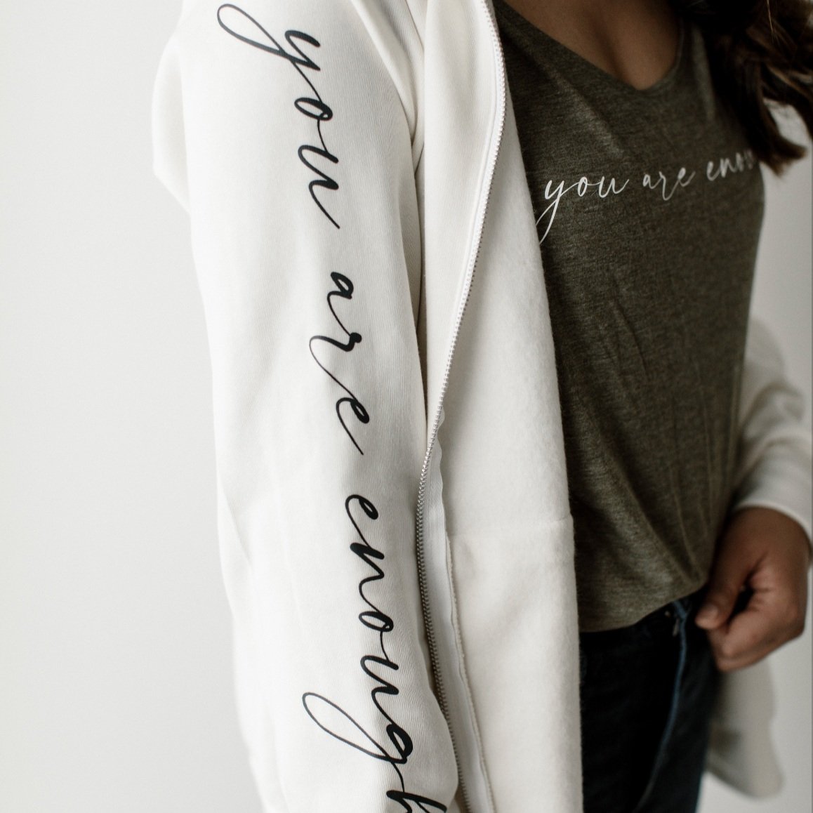 Cream "You Are Enough" Zip-Up Sweatshirt
